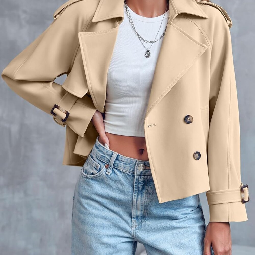 Women Crop Double Breasted Trench Coat Raglan Sleeve Work Office Cropped Jacket - Picture 2 of 6